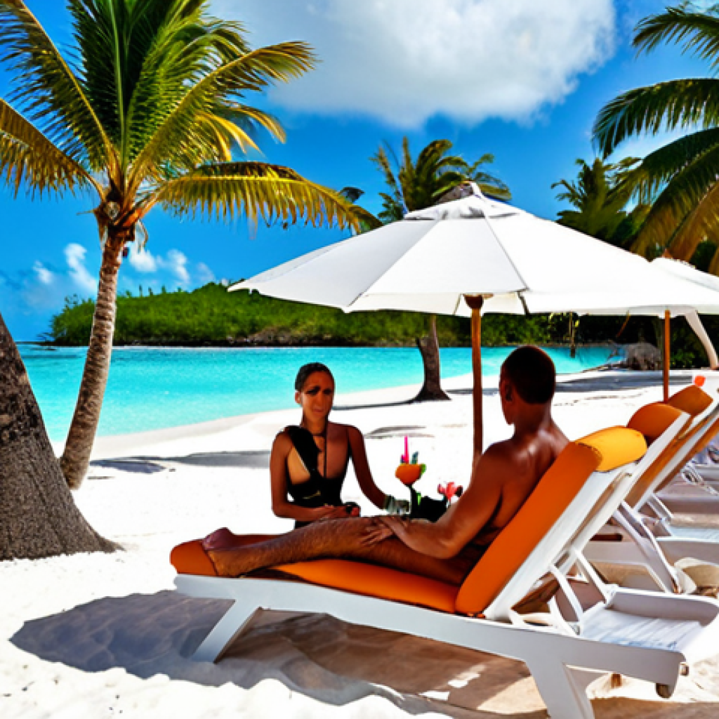 **

A serene, luxurious beach scene in the Bahamas. Crystal-clear turquoise water laps against powdery white sand. A couple relaxes on lounge chairs under a palm tree, with a waiter serving them colorful cocktails. In the background, a glimpse of a high-end resort. The overall feeling is relaxed, exclusive, and idyllic.

**