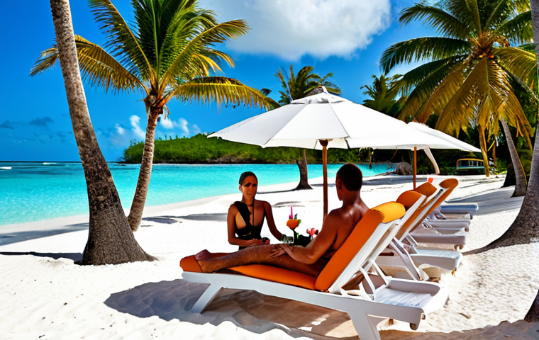 **
A serene, luxurious beach scene in the Bahamas. Crystal-clear turquoise water laps against powdery white sand. A couple relaxes on lounge chairs under a palm tree, with a waiter serving them colorful cocktails. In the background, a glimpse of a high-end resort. The overall feeling is relaxed, exclusive, and idyllic.
**