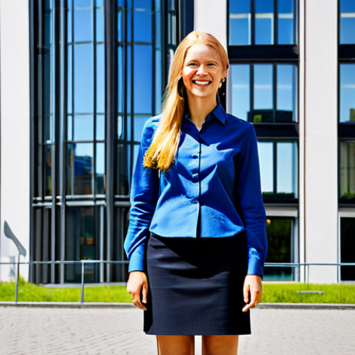 Home 18 **
"A woman in professional attire (skirt and blouse) standing outside a modern office building in Stockholm, Sweden. She is smiling confidently. The scene is bright and sunny, showcasing Swedish architecture. Safe for work, appropriate content, fully clothed, professional, perfect anatomy, natural proportions, high quality."
**