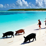 바하마 휴양지 추천 - Exumas - Swimming Pigs**

"A group of fully clothed tourists interacting with swimming pigs on a whi...