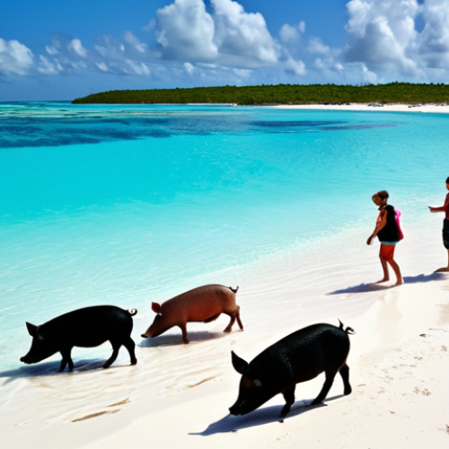 Home 17 바하마 휴양지 추천 - Exumas - Swimming Pigs**
"A group of fully clothed tourists interacting with swimming pigs on a whi...
