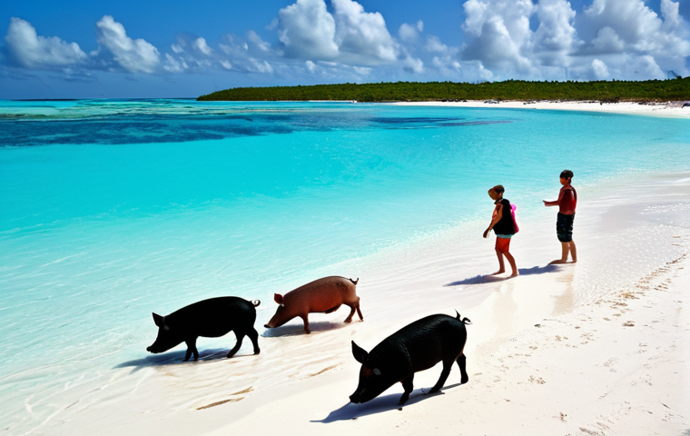 바하마 휴양지 추천 - Exumas - Swimming Pigs**
"A group of fully clothed tourists interacting with swimming pigs on a whi...