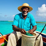바하마 원주민의 현재 생활 - **

A Bahamian fisherman in his late 40s, weathered but smiling, mending nets on a brightly colored ...