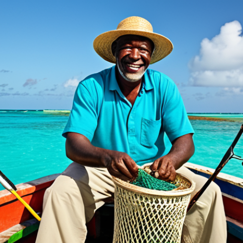 Home 4 바하마 원주민의 현재 생활 - **
A Bahamian fisherman in his late 40s, weathered but smiling, mending nets on a brightly colored ...