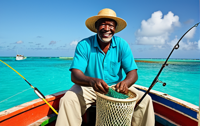 바하마 원주민의 현재 생활 - **
A Bahamian fisherman in his late 40s, weathered but smiling, mending nets on a brightly colored ...